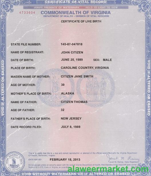 USA Virginia birth certificate